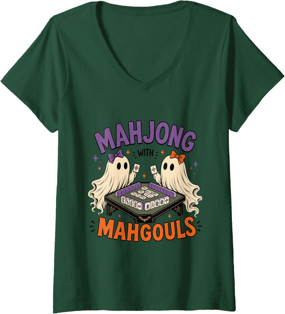 Women's Mahjong with Mahghouls V-Neck T-Shirt - Dark Green