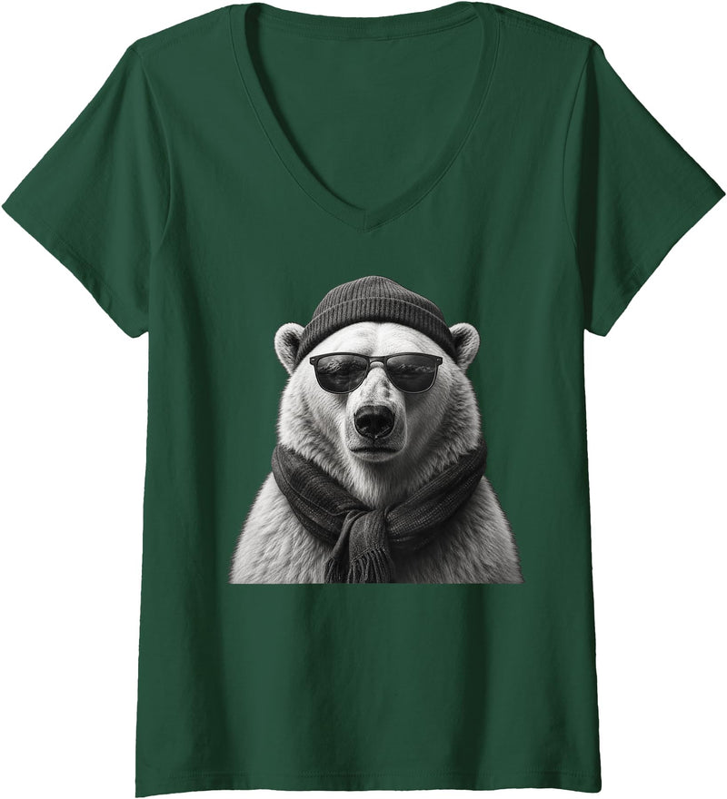 Polar Bear Enthusiast Women's Polar Bear in Sunglasses Monochrome Illustration V-Neck T-Shirt - Dark Green