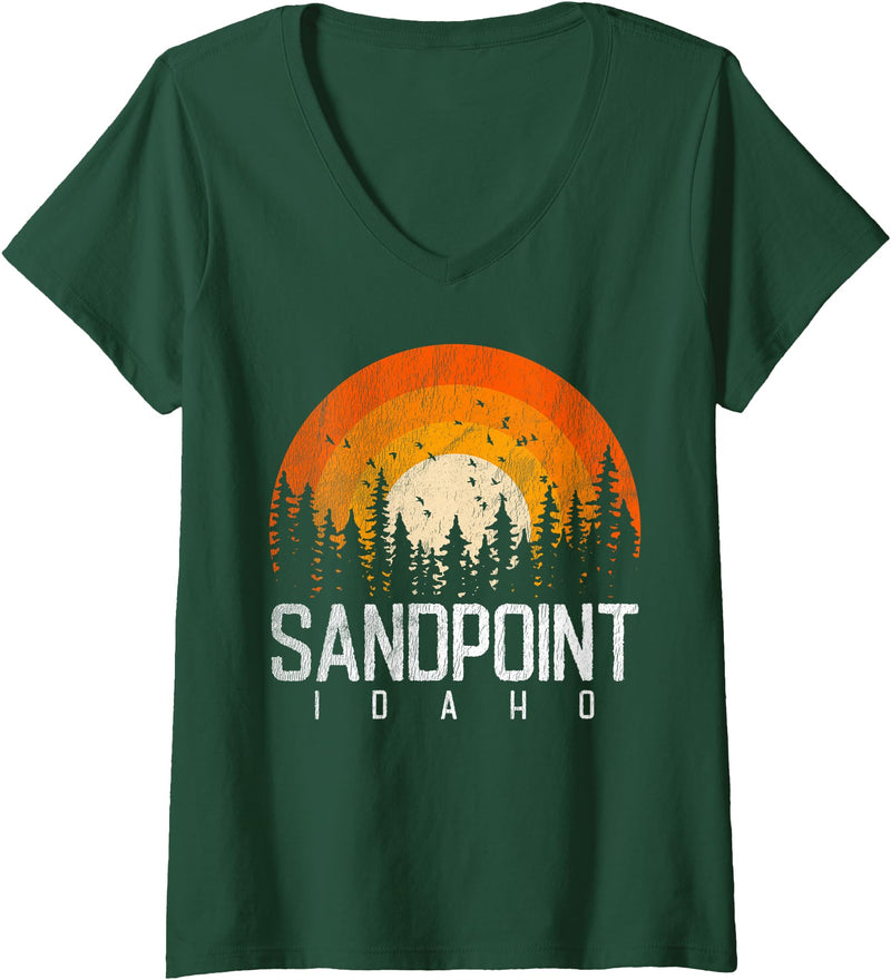 Womens Sandpoint Idaho ID Shirt Retro Vintage 70s 80s 90s Gift V-Neck T-Shirt - Dark Green