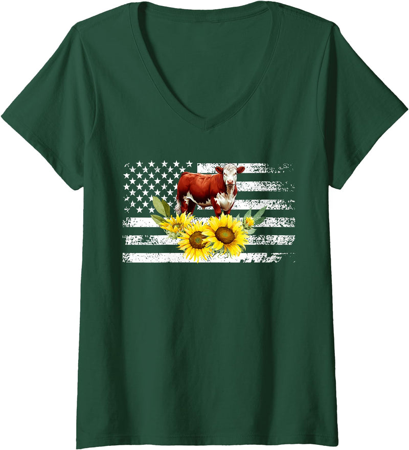 Proud Hereford Cow Boy Hereford Cow Girl Womens Hereford Cow US Flag Hereford Cow Lover Hereford Cattle V-Neck T-Shirt -