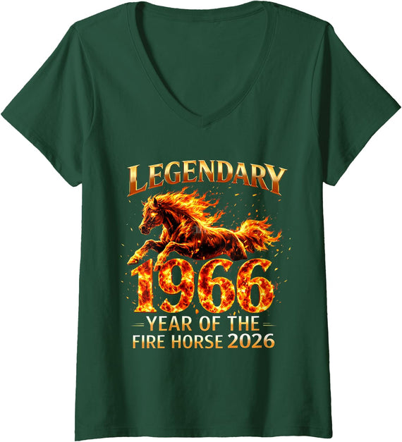 Women's Legendary 1966 Fire Horse 60th Birthday 2026 V-Neck T-Shirt - Dark Green