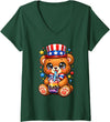 Kawaii Red White and Blue Fourth July Little Kids Women's Cute Teddy Bear Patriotic 4th July Gift Bubble Boba Tea USA V-Neck T-Shirt - Dark Green