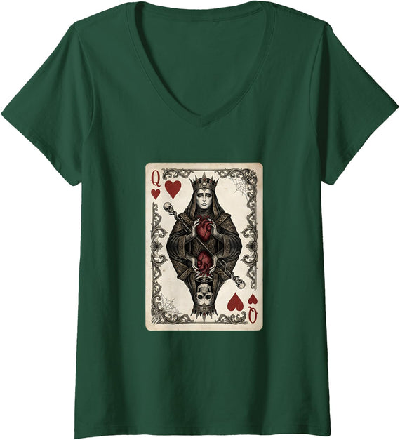 Women's Vintage Gothic Queen of Hearts Playing Card Dark Fantasy V-Neck T-Shirt - Dark Green