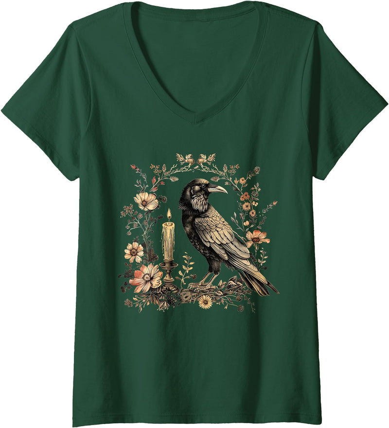 Witchy Vibes Womens Raven V-Neck T-Shirt - Dark Green