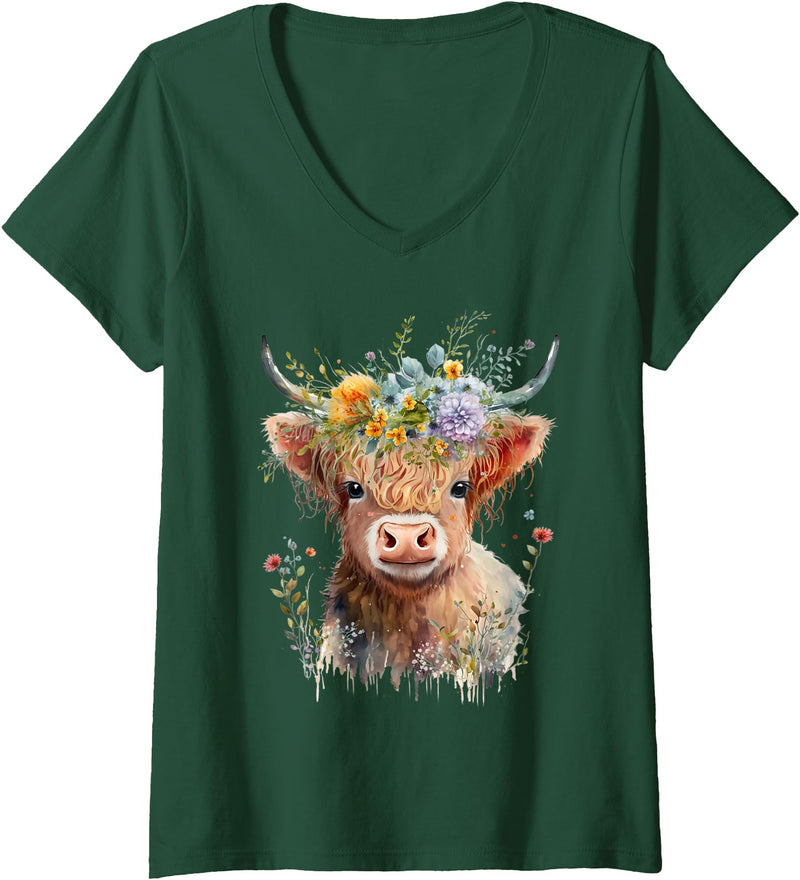 From Dyzamora Womens Super Cute Watercolor Baby Highland Cow - Adorable V-Neck T-Shirt - Dark Green