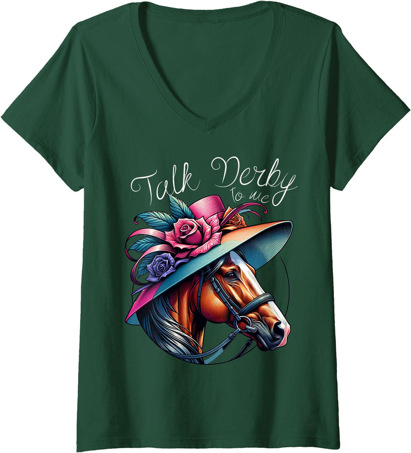 Talk Derby To Me Funny Horse Women's Talk Derby to Me Funny Racing Horse V-Neck T-Shirt - Dark Green