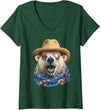 Whimsical Coastal Animals Beachgoers Women's Cute Polar Bear with Sunglasses and Straw Hat Animal Summer V-Neck T-Shirt - Dark Green