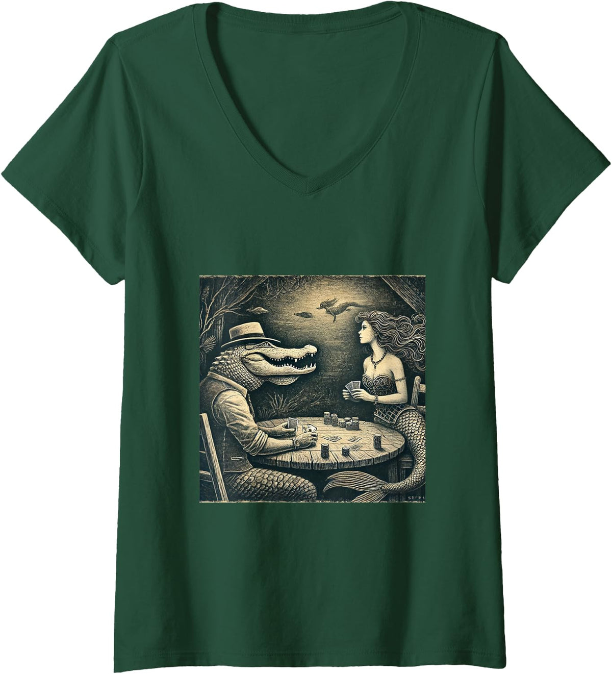 Women's Alligator and Mermaid Playing Poker Sketch V-Neck T-Shirt - Dark Green