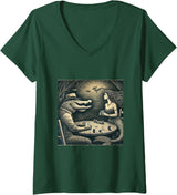 Women's Alligator and Mermaid Playing Poker Sketch V-Neck T-Shirt - Dark Green