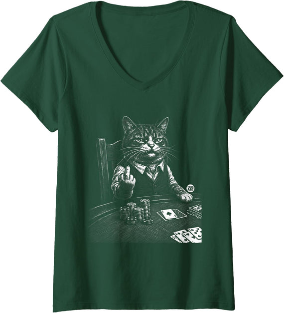 Women's Cat Poker Funny Cat Card Game V-Neck T-Shirt - Dark Green