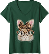 Women's Cute Bunny Rabbit Face Leopard Coquette Bow V-Neck T-Shirt in Dark Green
