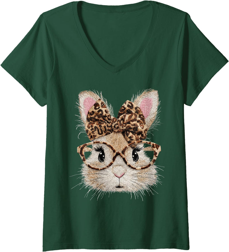 Women's Cute Bunny Rabbit Face Leopard Coquette Bow V-Neck T-Shirt in Dark Green