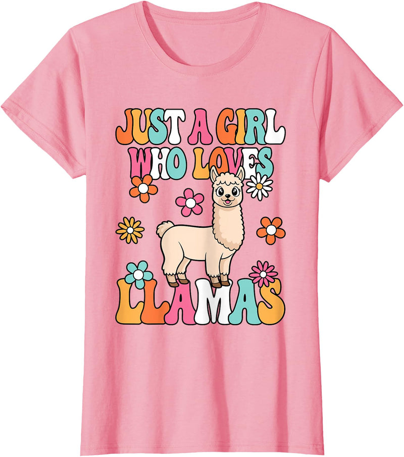 BALARI Just A Girl Who Loves Llamas Cute Groovy Alpaca Llama Kids T-Shirt - Pink