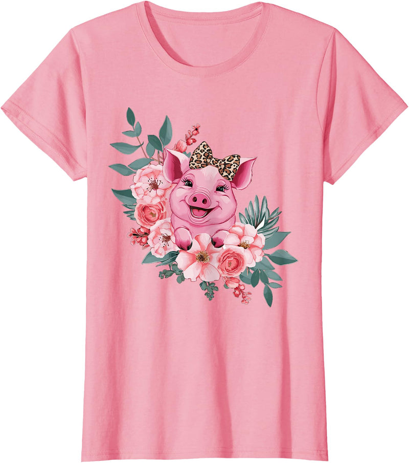 Pig Leopard Headband Flower Pig With Leopard Headband Flower Pig Lover T-Shirt - Pink