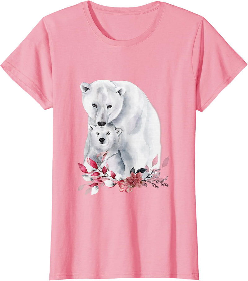 Mama Polar Bear and Baby Cub for Girls and Women T-Shirt - Pink