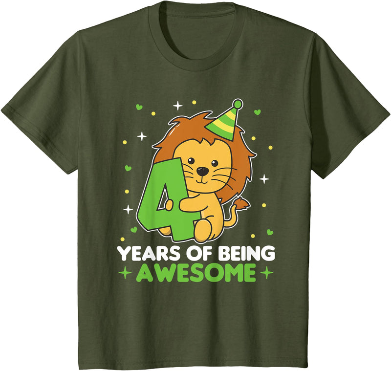 Lion Birthday Gift Cute Animals Lion 4th Birthday For Kids Four Years Old T-Shirt - Olive Green