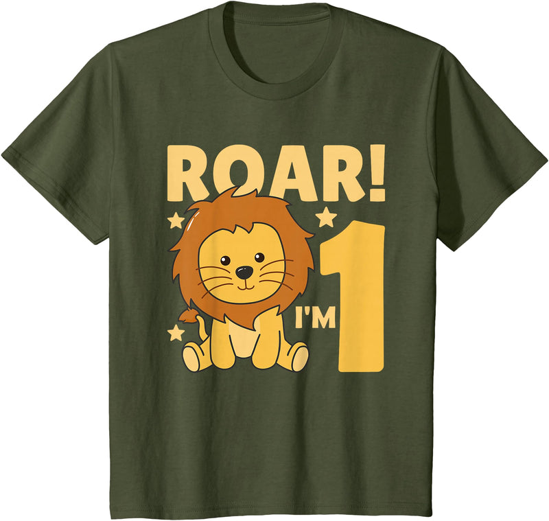 Cute Animals For Every Child's Birthday Kids 1st Birthday Lion 1 Year Old Cub Lion T-Shirt - Olive Green