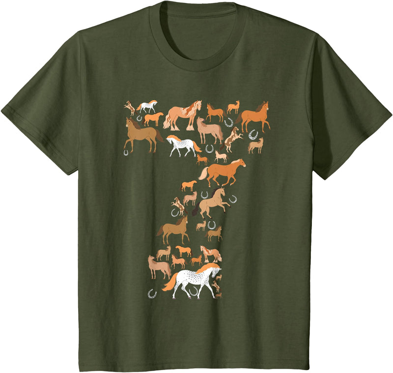 Horseback Riding B-Day Clothing Little Girls 7 Years Old 7th Birthday Horse Graphic Cute T-Shirt - Olive Green