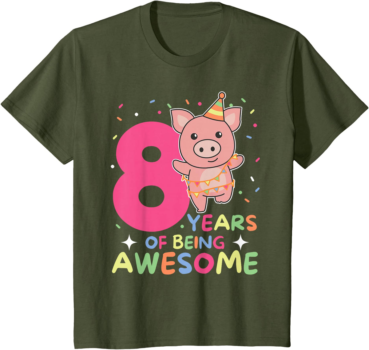 Pig Birthday Gift Cute Animals 8th Birthday Pig For Kids Eight Years Old T-Shirt - Olive Green