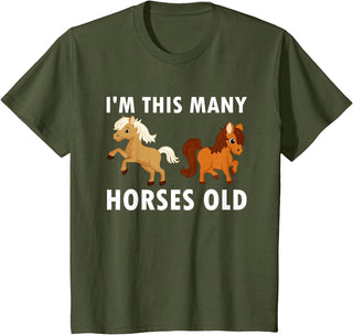 Kids 2 Years Old Girl Horses Old 2nd Birthday Kids T-Shirt - Olive Green