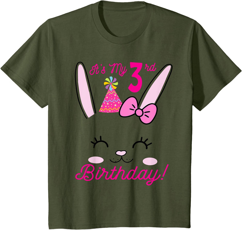 Its My 3rd Birthday Girl Bunny Rabbit Theme Party (three) T-Shirt in Olive Green