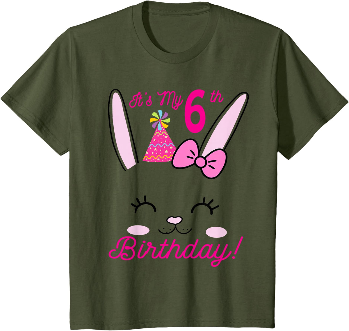 Its My 6th Birthday Girl Bunny Rabbit Theme Party (six) T-Shirt in Olive Green