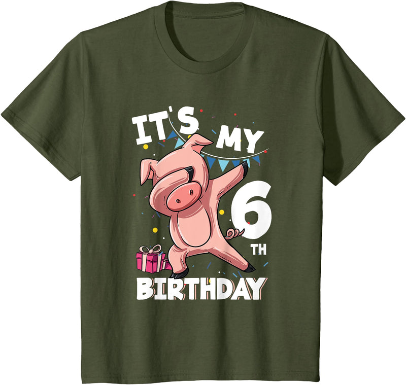 Pig Birthday Outfit for Boys Girls Party Supplies Its My 6th Birthday 6 Year Old Pig Birthday T-Shirt - Olive Green
