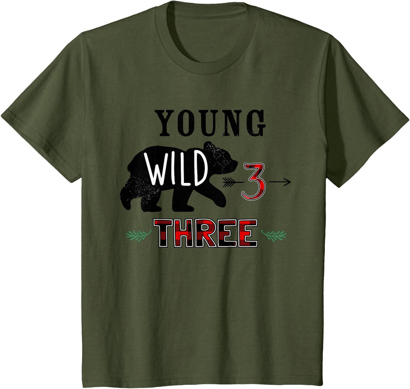 UrbanWear Bear Buffalo plaid Young Wild & Three 3 years 3rd Birthday T-Shirt - Olive Green