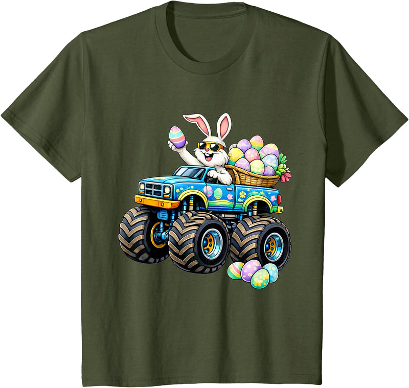 Easter Day Bunny Monster Truck Eggs Rabbit Boys Kids T-Shirt in Olive Green