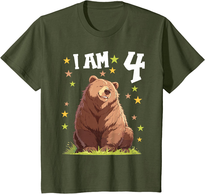 4 years old 4th birthday Bear Kids 4 Years old 4 birthday Bears Boy Girl Bear T-Shirt - Olive Green