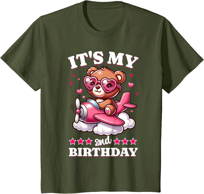 2 Year Old Girl Plane Birthday Party Kids Designs Kids 2nd Birthday Girls Airplane Birthday Party Teddy Bear Plane T-Shirt - Olive Green