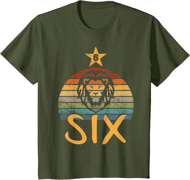 6 Birthday Lion Vintage Design Lion Birthday 6 Year Old Lion 6th Birthday Boy Girl T-Shirt - Olive Green