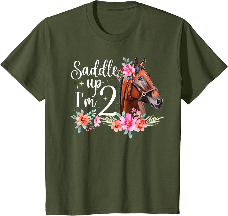 2 Year Old Horse Second Birthday Party 2nd Horse Birthday Two Year Old Girl Horses Birthday T-Shirt - Olive Green