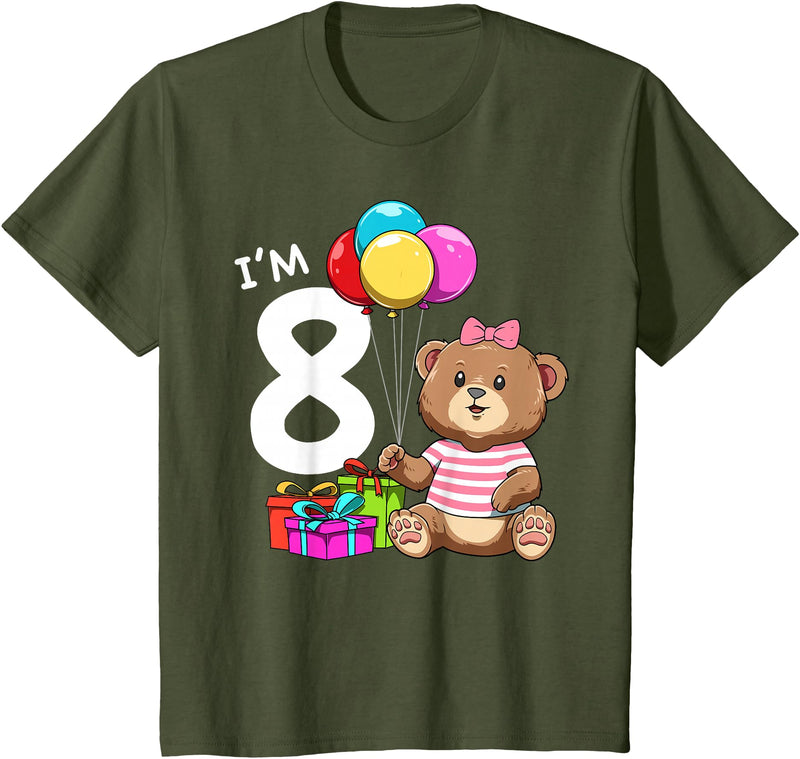 8th Birthday Teddy Bear - 8 Years Old Gift Tee Kids Eight Birthday Teddy Bear - 8 Year Old Girl T-Shirt - Olive Green