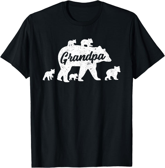 Matching Bear Family Apparel Vintage Grandpa Bear with 5 Cub Father's Day T-Shirt - Black