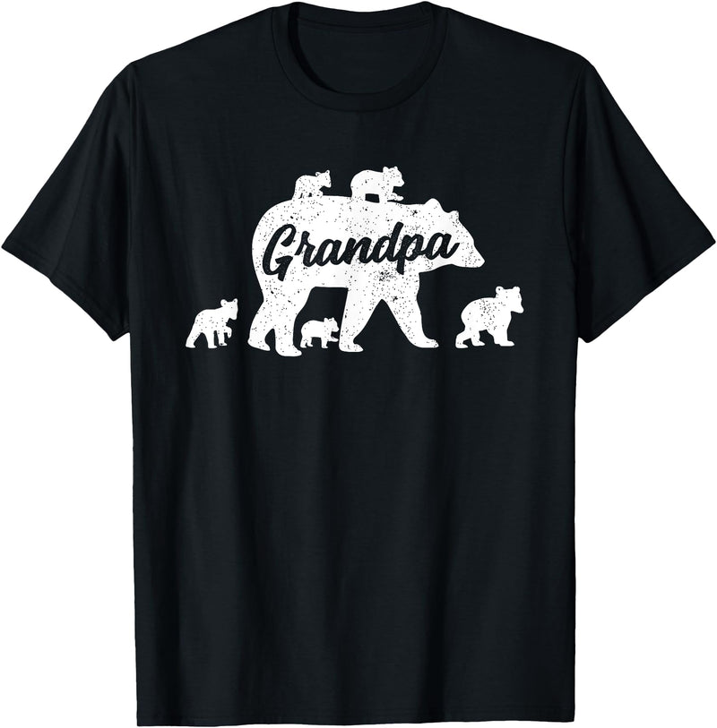 Matching Bear Family Apparel Vintage Grandpa Bear with 5 Cub Father's Day T-Shirt - Black