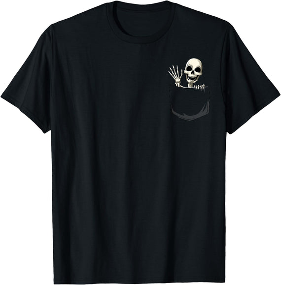PeekingZoo Skeleton Pocket Skeleton Peeking Out Pocket Halloween T-Shirt - Black