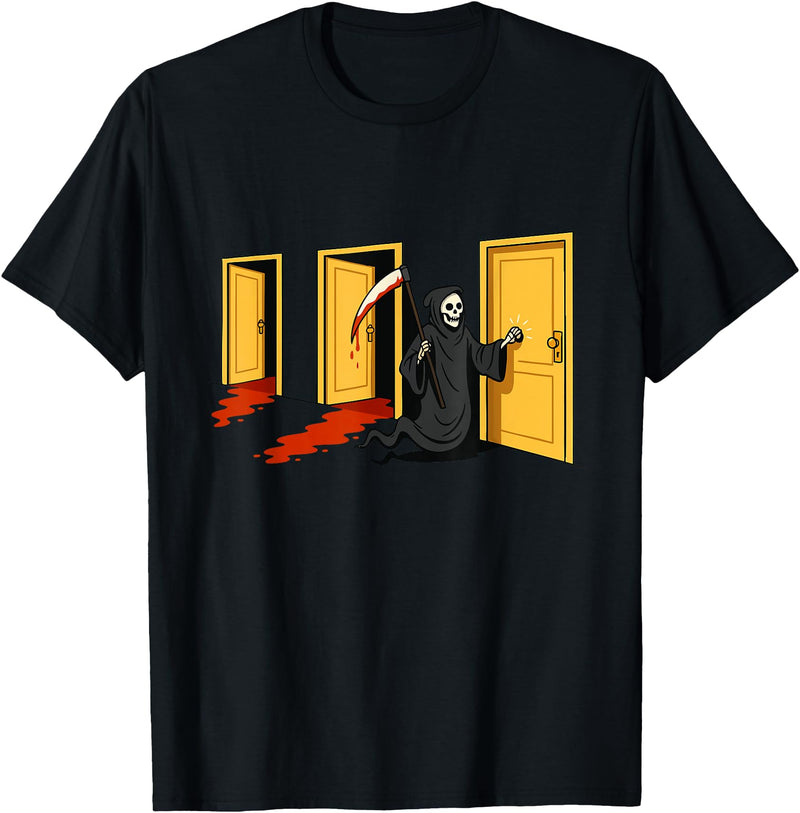 Dark Humor Memes & Viral Trends Death Knocking On Doors Meme – Grim Reaper Viral Design T-Shirt - Black
