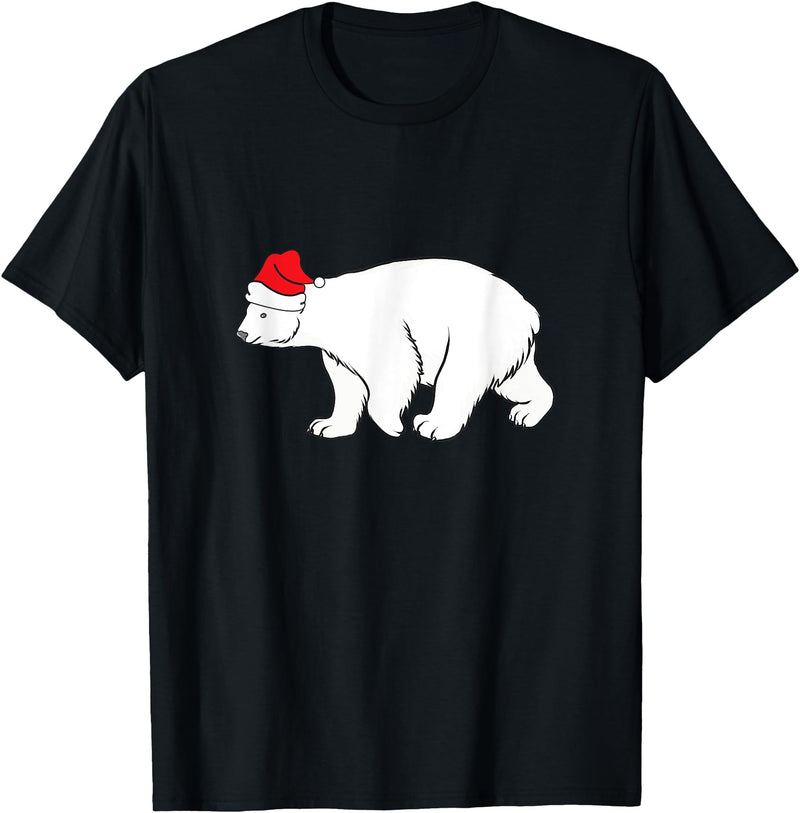 Polar Bear Xmas Pajama Polar Bear With Santa Hat Xmas Winter Christmas Pajama T-Shirt - Black