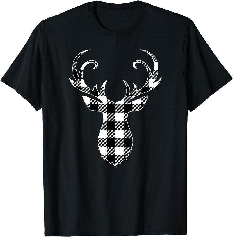 Buffalo Plaid Deer Clothing Co. by AAM Black & White Classic Christmas Buffalo Plaid Deer Head T-Shirt - Black