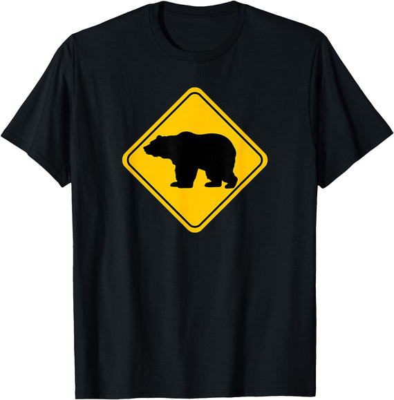 The Zoology Company - Animal Art Graphic Design Bear Crossing Road Sign Grizzly Classic Minimalist Graphic T-Shirt - Black