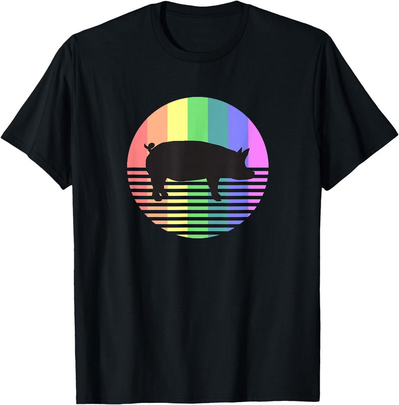 Animal Pride Retro Pig Gay Pride Vintage 80s Rainbow Pig Farm Animal Gift T-Shirt - Black