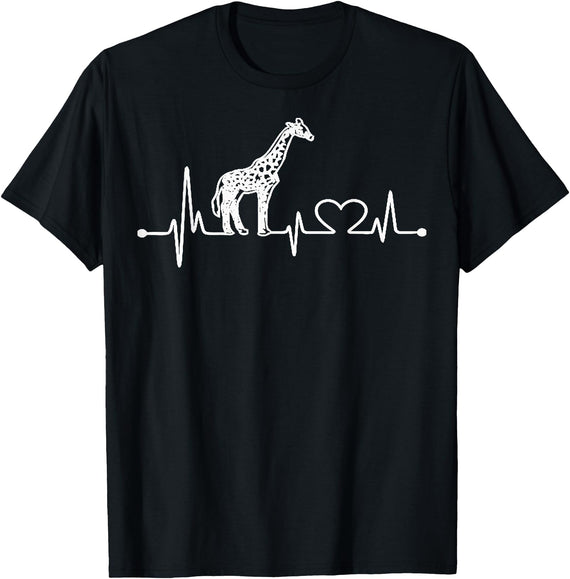 Funny Giraffe Lovers Zoo Animal Apparel Gifts Giraffe Heartbeat Love Line Cute Graphic wildlife Silhouette T-Shirt - Black