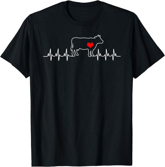 Black White Family Cow Farm I Love My Cow Valve EKG Heartbeat Heart Patient T-Shirt - Black
