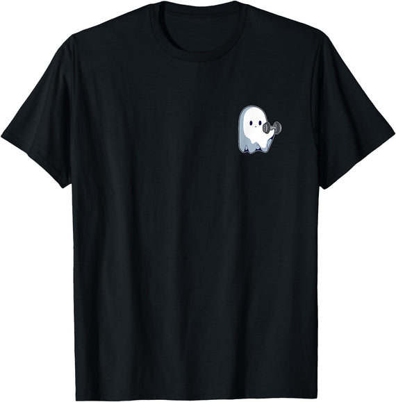 Cute Paranormal Workout Ghost Lifting Dumbbells Ghost Weightlifting Pocket Funny Ghost Workout Halloween T-Shirt - Black