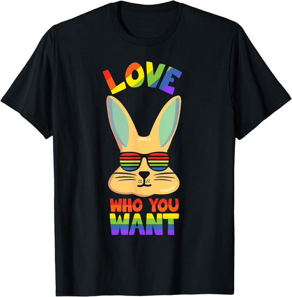 LGBT Bunny Rabbit with Glasses Pride LGBTQ Love Who You Want T-Shirt in Black