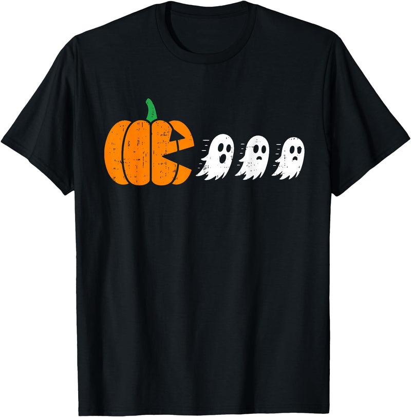 Funny Halloween Tees for Men Women Kids. Funny Gamer Pumpkin Eating Boo Halloween Men Kids Boys T-Shirt - Black