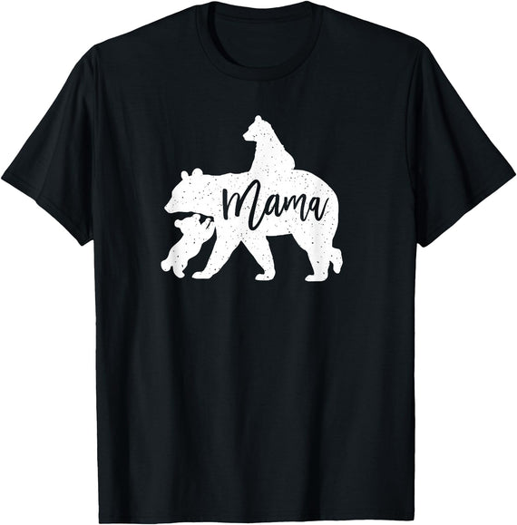 Artsy Mommy Bear Silhouette Nature Family Gifts Mama Bear 2 Baby Bear Cubs Playing Riding on Back T-Shirt - Black