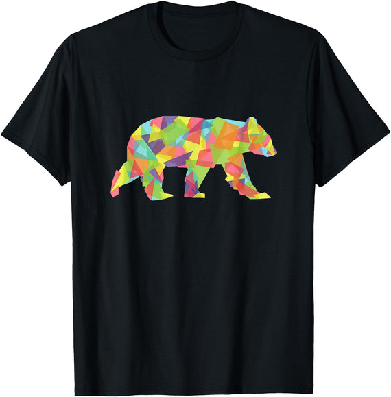 Fractal Trippy Colorful Rave Animal Tees Fractal Geometric Bear T-Shirt - Pastel Crystal Tee - Black