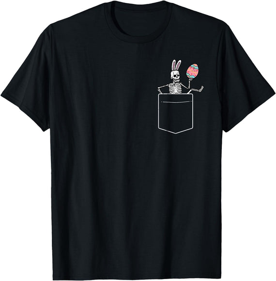 Easter Skeleton Bunny Pocket Funny Rabbit Men Women Kids T-Shirt in Black